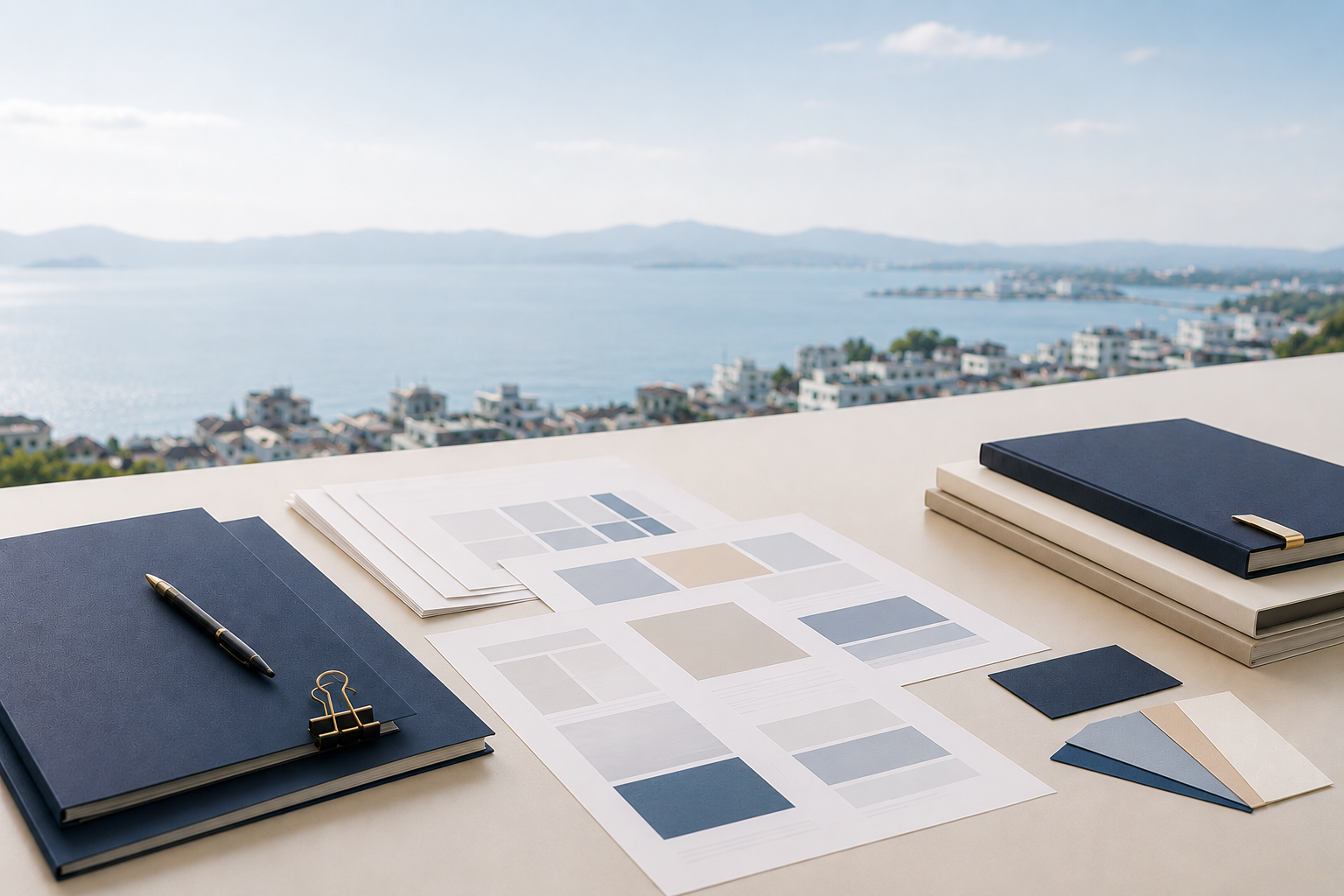 Abstract image representing Fukuoka, Japan, calm trade communication, documents, and selected Japanese product discussions.