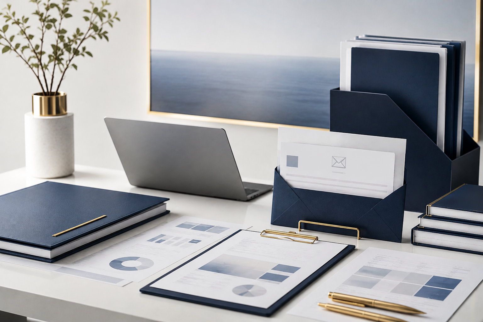 Structured B2B inquiry desk with documents, email materials, and product information for business communication.