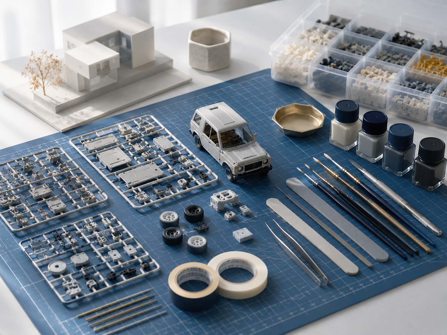 Refined model-making and craft tools arranged for B2B product category review.