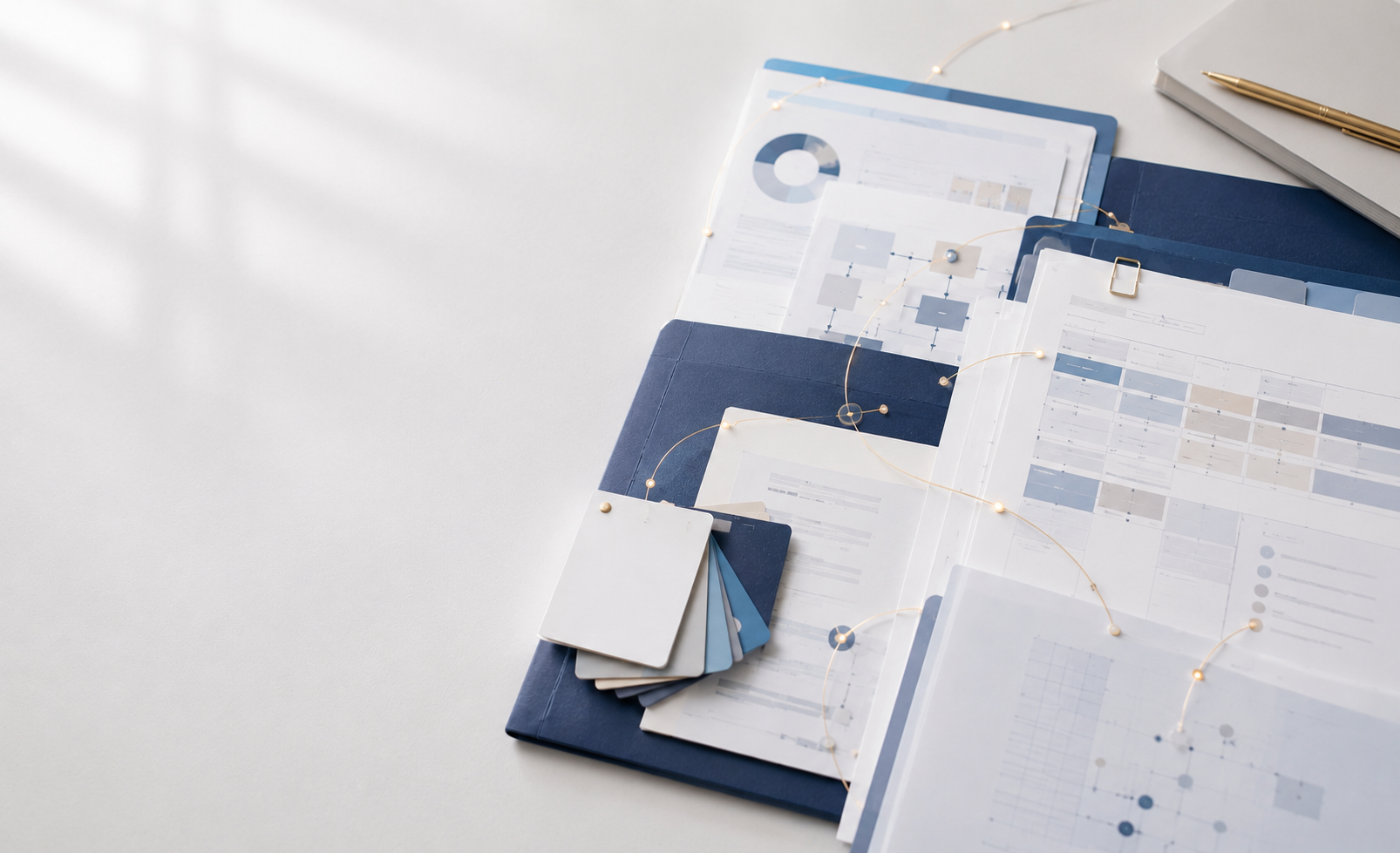 Abstract business image showing product information, documents, supplier communication, and export-related coordination in Japan.