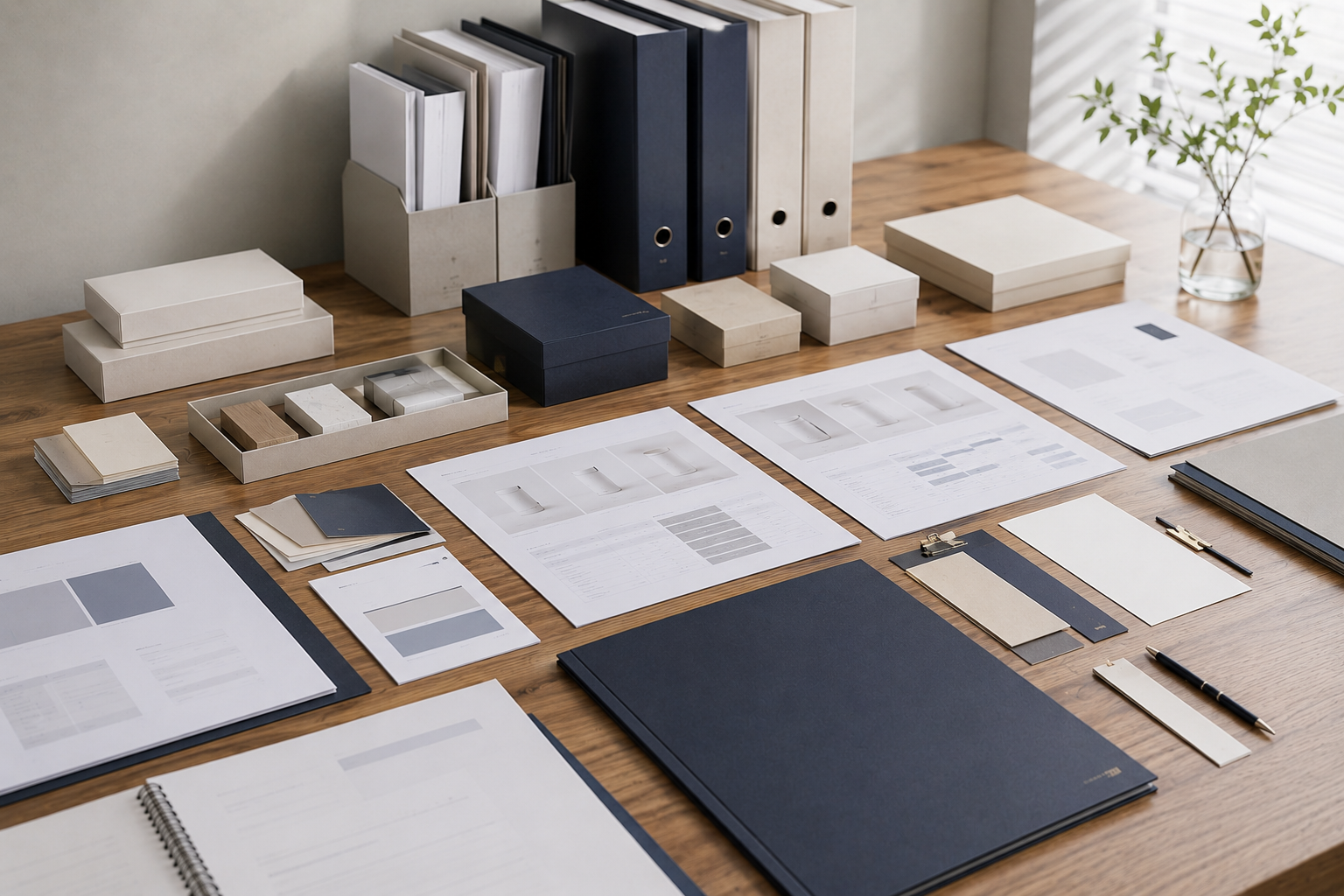 日本の製品資料、包装サンプル、仕様書、海外展開に関する相談の準備を表す落ち着いた企業向けビジュアル。